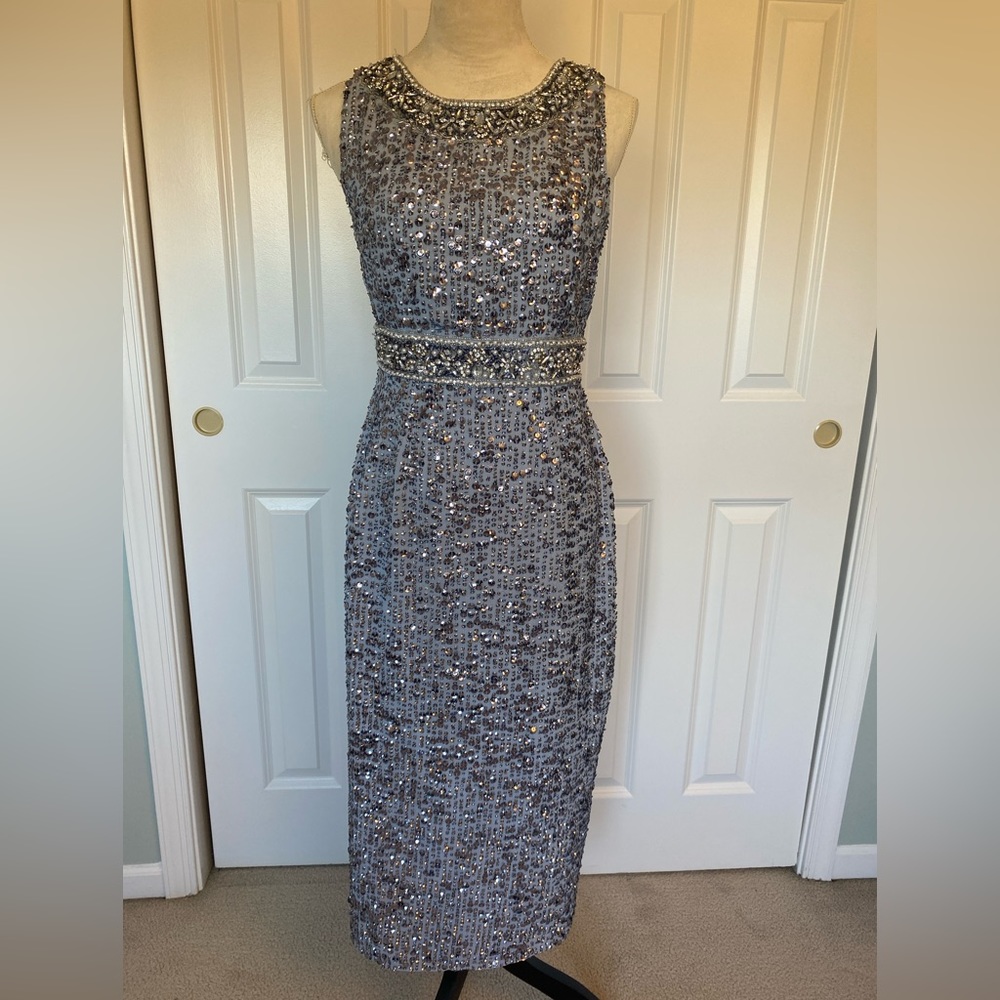 MacDuggle soft blue sequin metallic formal dress, size 4